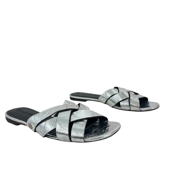 Tory Burch Womens Size 9 City Slides Metallic Silver Leather Sandals - Picture 1 of 9